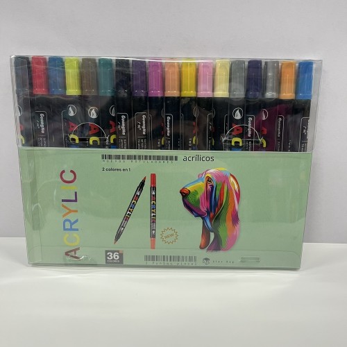 Pack rotuladores acrílicos  punta pincel 2 en 1 36 colores A